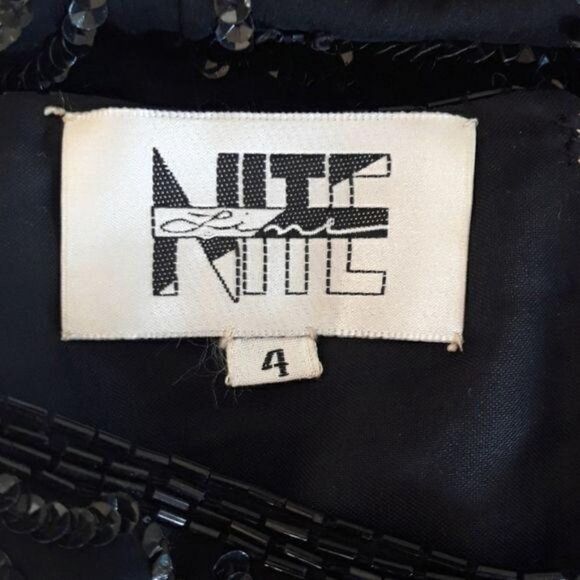 Vintage 80's Niteline Dress Silk Formal Black Swirl Sequin Beaded Short Sleeve 4 - Picture 3 of 11